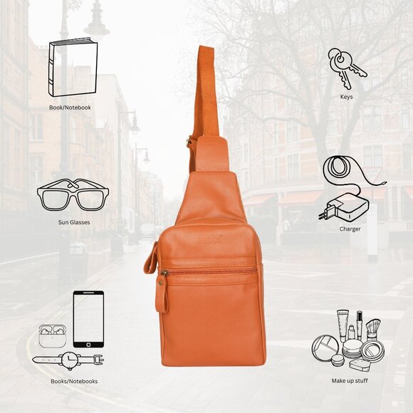 Leather Fanny Sling Bag for Women Men, Orange Waist Pack Crossbody Shoulder Bag - Picture 5 of 10